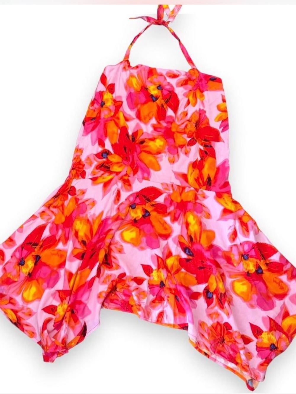 Love Pink Orange Floral Halter Handkerchief Hem Dress SizeM